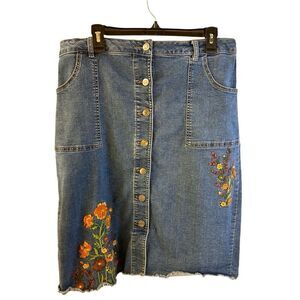 C'est Denim Jean stretch skirt 16w flowers raw hem buttons bohemian boho festiva